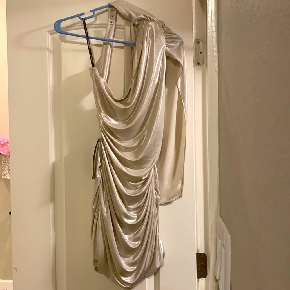 NWT Bebe Gold One Shoulder Cocktail Dress